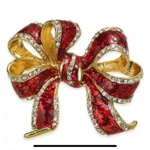 Vintage Macy’s Holiday Lane Gold Tone Red Enamel & Rhinestone Bow Brooch